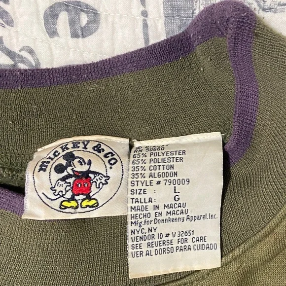 Mickey Mouse & Co “Genuine Garment” Sweatshirt Olive Green/Purple Large Preowned - Picture 2 of 7